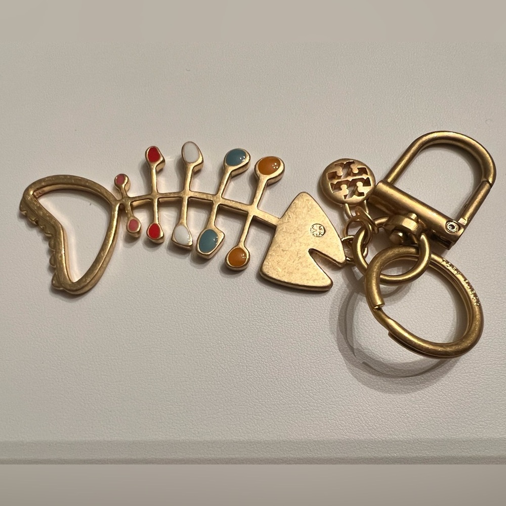 Tory Burch Gold Fishbone Bag Charm/Keychain with Multicolor Accents